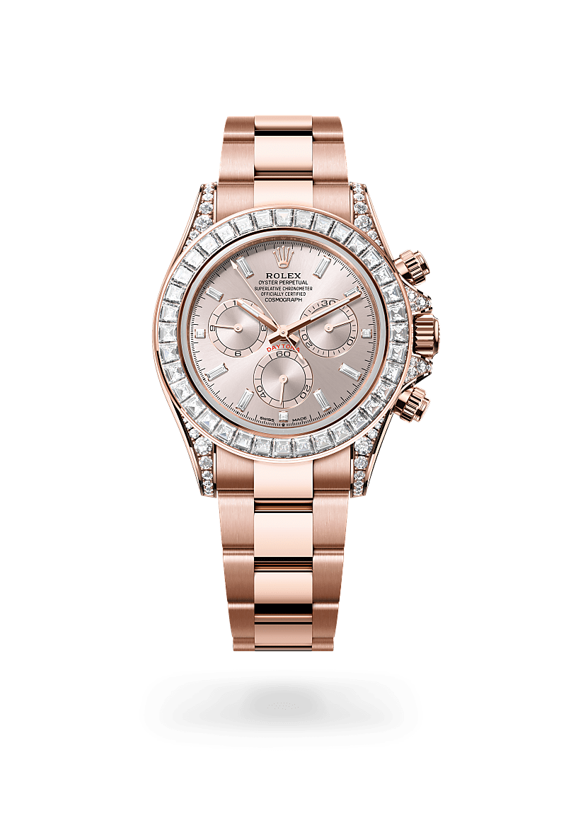 rolex COSMOGRAPH DAYTONA front view in 18 ct Everose gold with lugs set with diamonds, M126595TBR-0001 - Unowatch