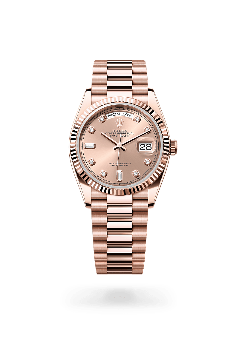 rolex DAY-DATE front view in 18 ct Everose gold, M128235-0009 - Unowatch