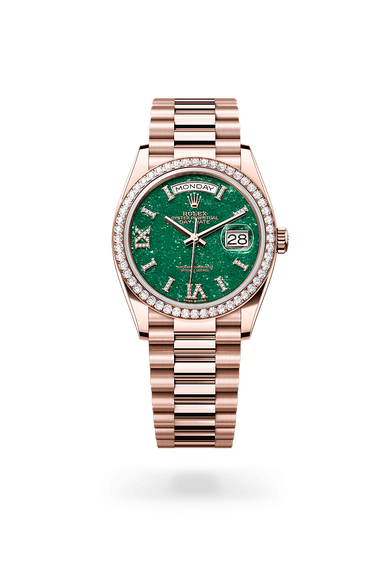 rolex DAY-DATE front view in 18 ct Everose gold, M128345RBR-0068 - Uno Watch