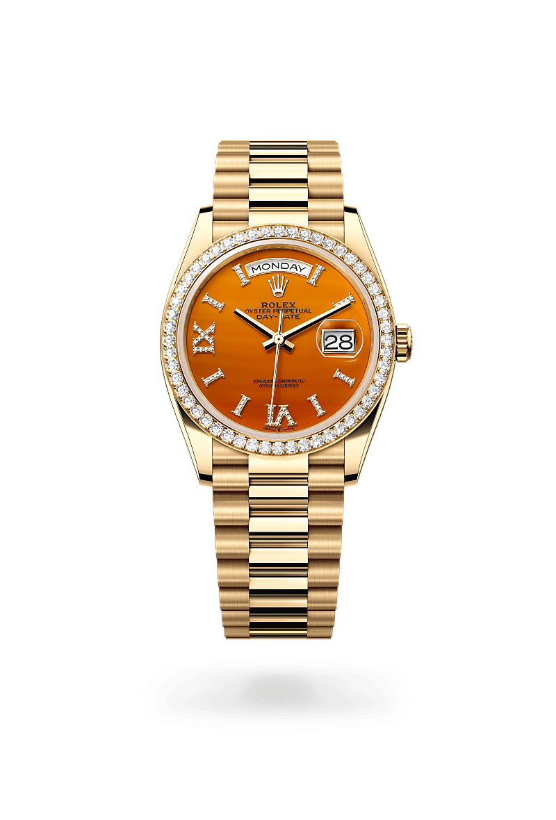 rolex DAY-DATE front view in 18 ct yellow gold, M128348RBR-0049 - Unowatch