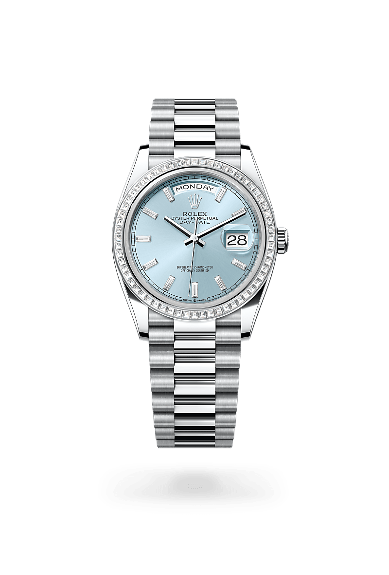 rolex DAY-DATE front view in Platinum, M128396TBR-0003 - Unowatch