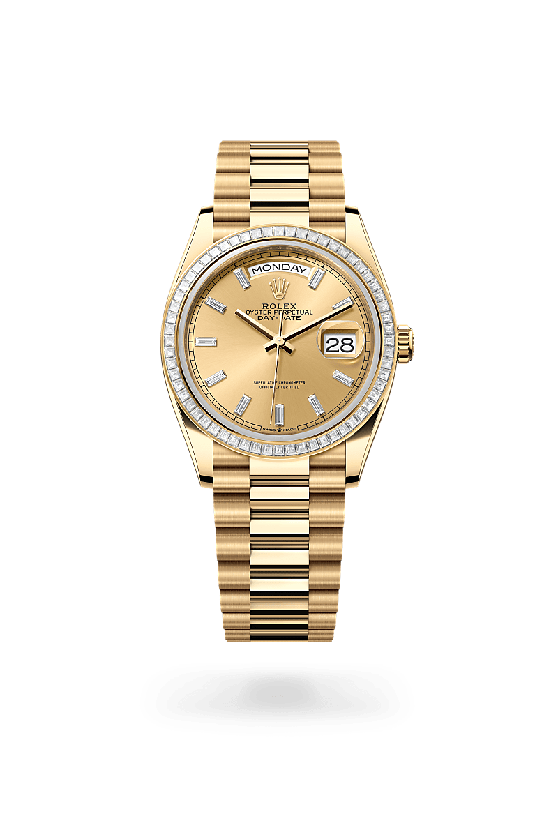 rolex DAY-DATE front view in 18 ct yellow gold, M128398TBR-0037 - Unowatch