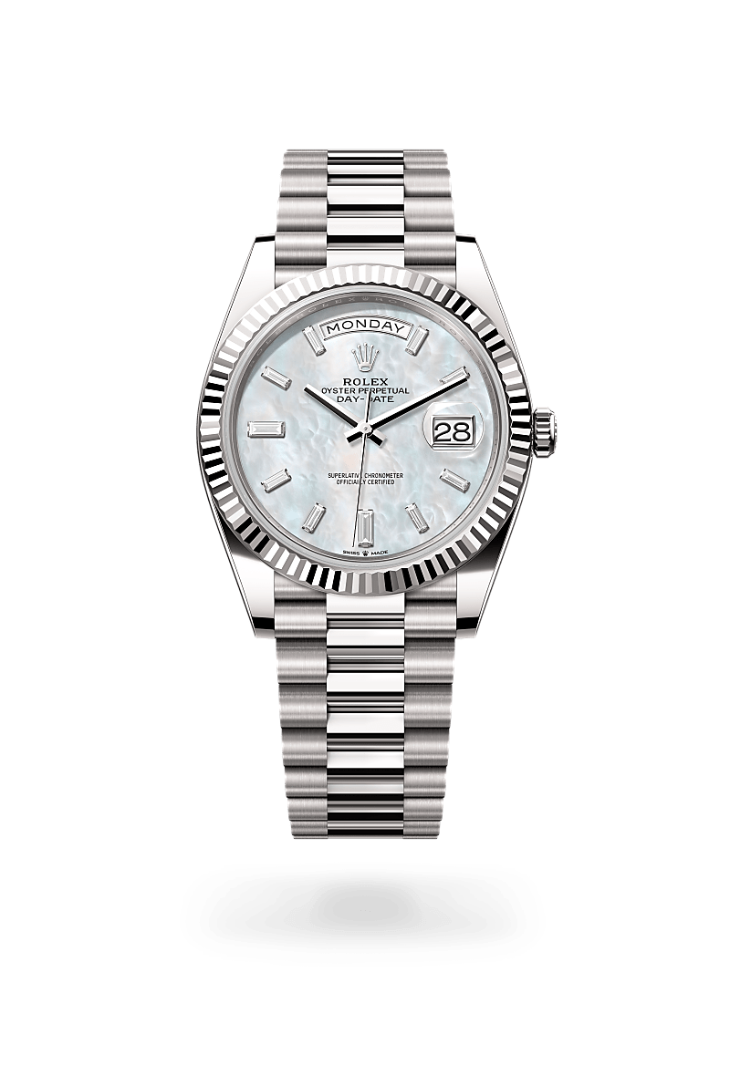 rolex DAY-DATE front view in 18 ct white gold, M228239-0078 - Unowatch