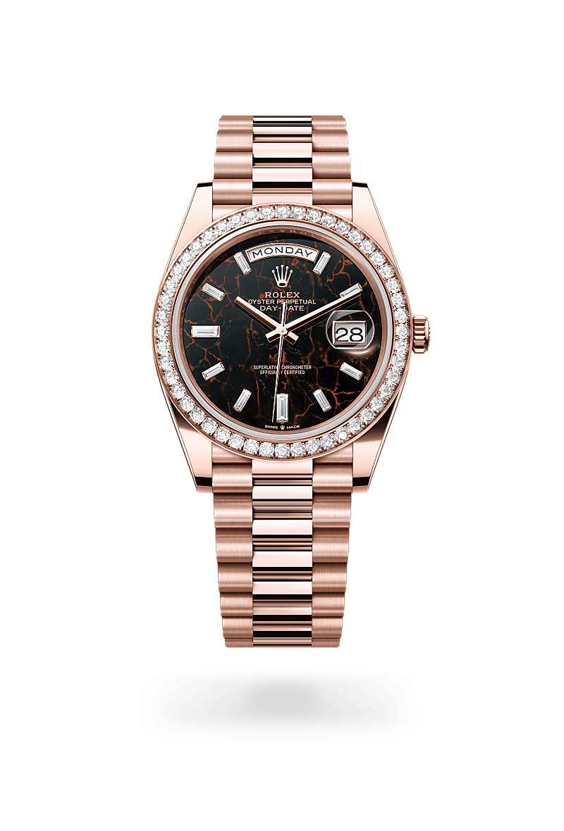 rolex DAY-DATE front view in 18 ct Everose gold, M228345RBR-0016 - Unowatch