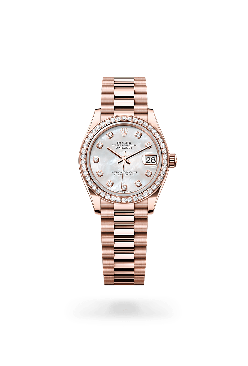 rolex DATEJUST front view in 18 ct Everose gold, M278285RBR-0005 - Unowatch