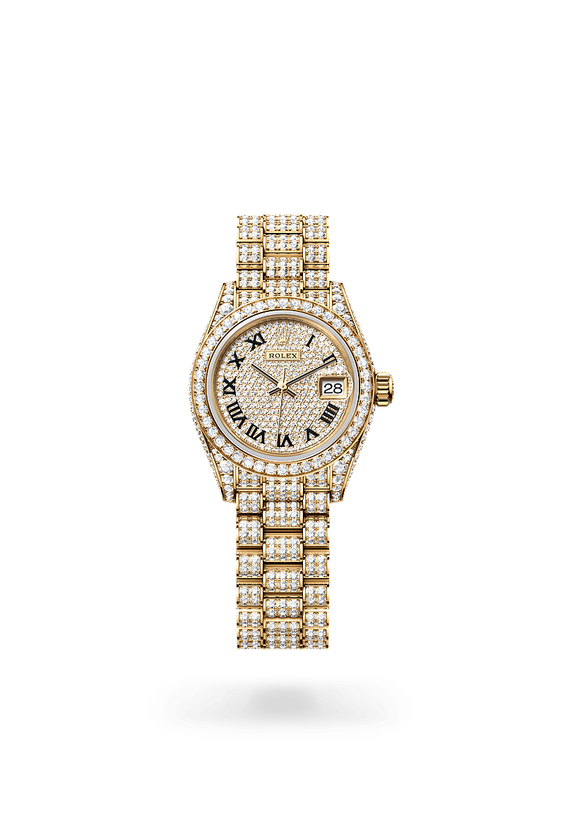 rolex LADY-DATEJUST front view in 18 ct yellow gold with case sides and lugs set with diamonds, M279458RBR-0001 - Unowatch